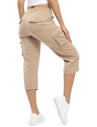 TBMPOY Womens Cargo Capris Hiking Lightweight Pants 6 Pockets Quick Dry Casual Outdoor Trip Loose Shorts Cropped Cotton Khaki 4XL