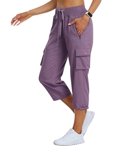 MoFiz Women's Cargo Capris Hiking Pants Lightweight Quick Dry Outdoor Athletic Travel Casual Loose Comfy Cute Zipper Pockets Light Purple 2XL