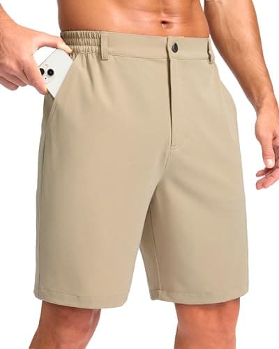 Pudolla Men's Casual Shorts 9" Lightweight Golf Shorts with 3 Pockets Stretch Quick Dry Comfy Work Shorts（Light_Khaki 9_XL