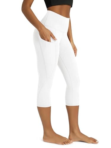 ODODOS Women's High Waisted Yoga Capris with Pockets,Tummy Control Non See Through Workout Sports Running Capri Leggings, White,Medium