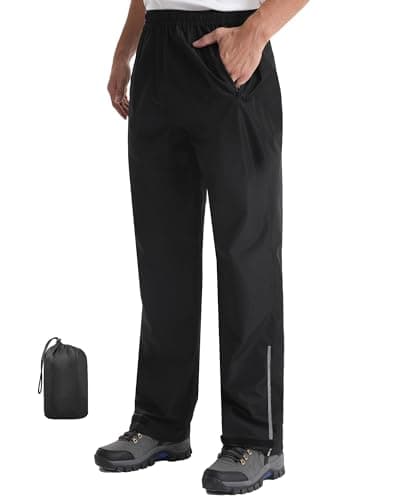 iCreek Men's Packable Rain Pants Waterproof Lightweight Over Pants Windproof Outdoor Pants for Fishing Golf Hiking (Black, Large/32 Inseam)