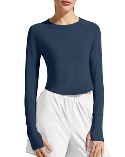 G4Free Womens Workout Tops Long Sleeve Athletic Cropped Swim Shirts UPF 50+ Thumb Holes Stretch Yoga Activewear Casual (Navy,S)