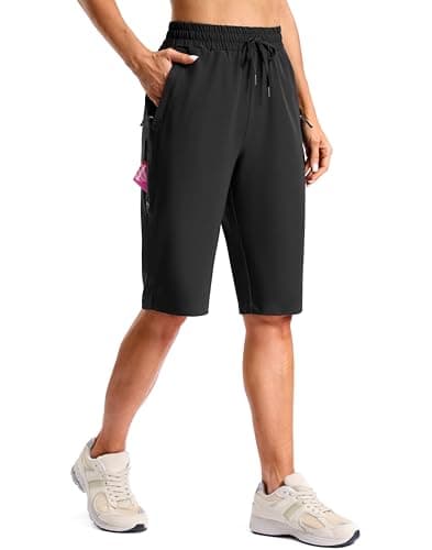 SANTINY Women's 13" Long Hiking Shorts with Zipper Pocket Lightweight Quick Dry Knee Length Bermuda Shorts for Women (Black_XXXL)