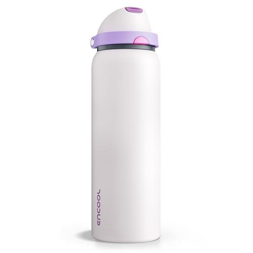 Insulated Water Bottle with Straw - Encool Stainless Steel Water Bottle with Push Button Lid, Leak-Proof & BPA-Free, Keeps Cold for 24 Hours for Sports, Travel, Gym (40 oz, Oyster Pink)