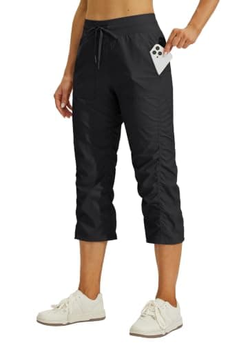 Willit Women's Quick-Dry Capris Travel Pants Lightweight Striped Woven Hiking Workout Casual Pants with Pockets Black XL