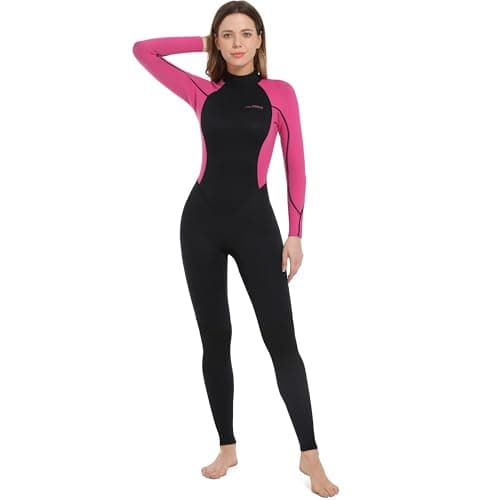 Dark Lightning Full Body Wetsuit Women, 3/2mm Wet Suit for Women Cold Water Swimming, Womens Diving Surfing Snorkeling Kayaking Water Sports,Triathlon Wetsuit, Red Rose, Large