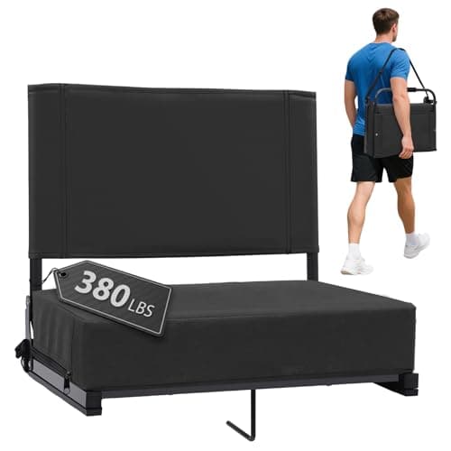 Stadium Seats with Back Support - Padded Portable Bleacher Seat with Handle Shoulder Strap - 18.4in Wide Bleacher Chair with Back and Cushion for Sports & Outdoor Events Black