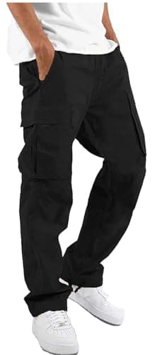 HUNGSON Mens Cargo Pants Drawstring Casual Hiking Pants Joggers Athletic Trousers Cotton Loose Straight Sweatpants for Men Black
