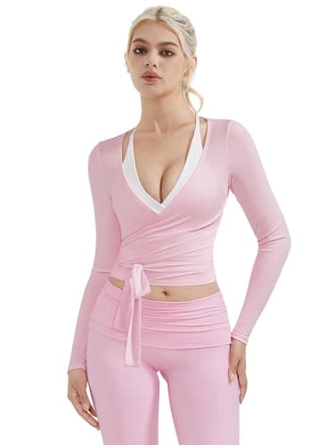 SUUKSESS Women Pilates Wrap Workout Cropped Top Ribbed Long Sleeve V Neck Tie Front Ballet Yoga Shrug Blouse(Pink,S)