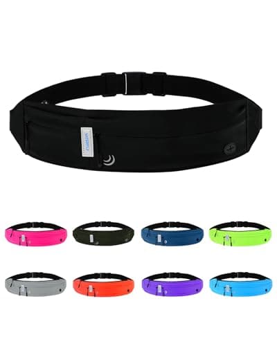 WATERFLY Running Belt Fanny Pack: Runner Marathon Jogging Waist Pack Sport Workout Exercise Fitness Phone Holder Belt for Men Women Jogger Slim Waist Bag Black