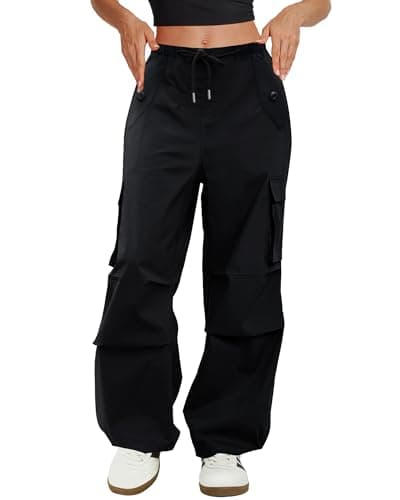 COPYLEAF Cargo Pants Women Low Waisted Parachute Pants with Pockets Loose Baggy Hiking Pants Y2K Clothes Black