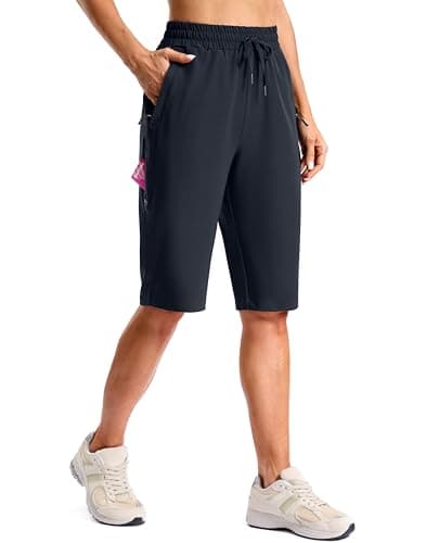SANTINY Women's 13" Long Hiking Shorts with Zipper Pocket Lightweight Quick Dry Knee Length Bermuda Shorts for Women (Navy_L)
