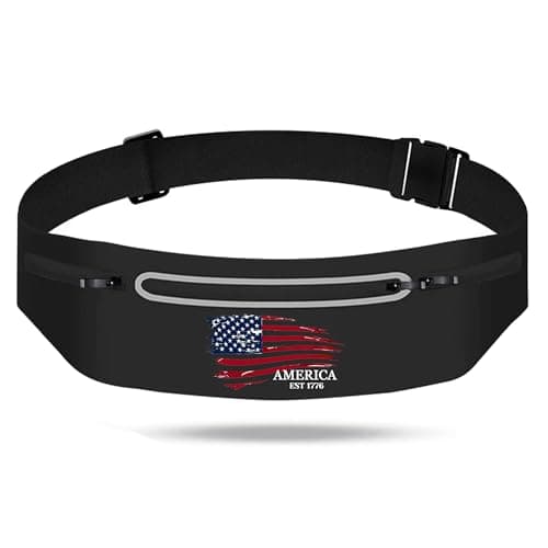 American Flag Slim Running Belt Waist Pack Bag,Black Jogging Fanny Packs for women Moisture Wicking Sports Belt Bag Adjustable,Lightweight Reflective Workout Pouch Phone Holder for Men USA Flag 1776