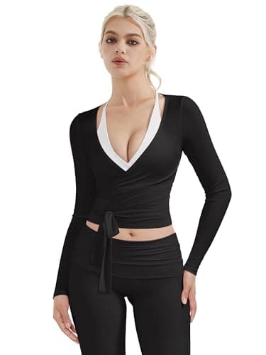 SUUKSESS Women Pilates Wrap Workout Cropped Top Ribbed Long Sleeve V Neck Tie Front Ballet Yoga Shrug Blouse(Black,S)