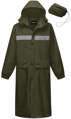CREATMO US Waterproof Rain Coats for Men Lightweight Men's Raincoats Jacket Long Hooded Packable Poncho Outdoor Activities Work Windbreaker Army Green S