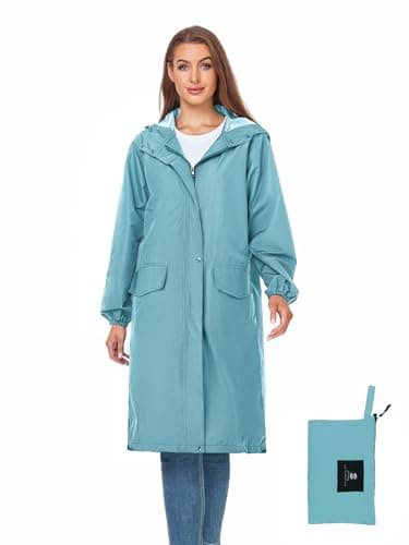 Womens Long Hooded Rain Jacket Waterproof Lightweight Raincoat Windbreaker