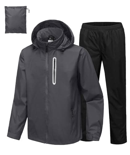 SWISSWELL Men's Waterproof Golf Rain Suit Rain Gear Jacket and Pant 2 Pieces Packable Lightweight Hooded Raincoat S-3XLCharcoal Grey Jacket Black Pants L