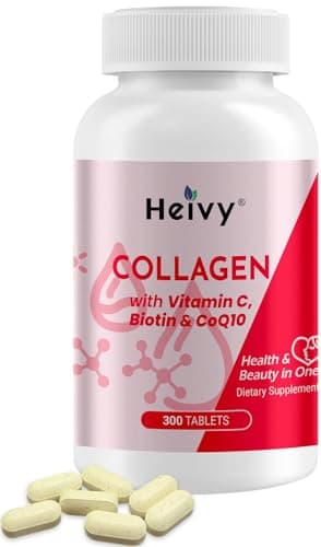 Heivy Natural Collagen 5000 mg with Vitamin C, Biotin and CoQ10,Hydrolyzed Collagen Peptides Supportment for Women & Men, Multi Collagen Pill for Hair, Skin, Nails, Joint, Grass Fed, 300 Tablets