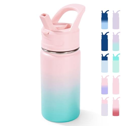 Fijinhom 12oz Kids Water Bottle for School, Toddler Bottles with Straws, Stainless Steel Vacuum Insulated Water Bottle for Boys&Girls, Leak-Proof, BPA-Free, Bubble Gum