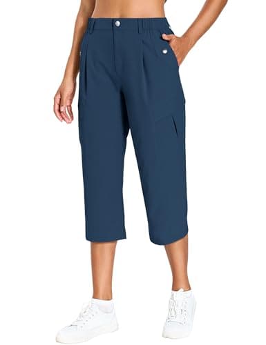 Women's Cargo Capris Lightweight Quick Dry Hiking Pants Water Resistant Summer Travel Pants with 6 Pockets 2026 (Navy,L)