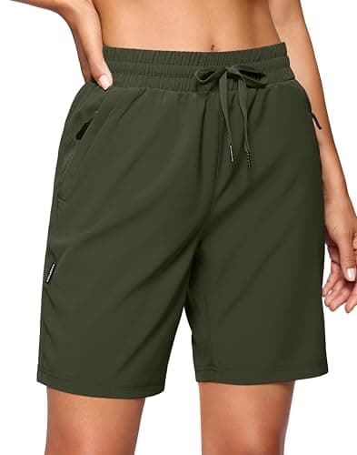 SANTINY Women's 7''/ 9'' Hiking Shorts with 3 Zipper Pockets Lightweight Quick Dry Long Athletic Golf Shorts for Women Casual (Olive Green_L)