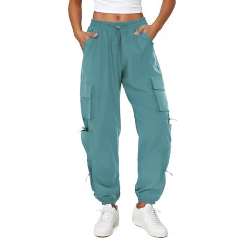 COPYLEAF Womens Parachute Cargo Pants with Pockets Quick Dry Hiking Pants Lightweight Water-Resistant Baggy Joggers(Lake Blue M)