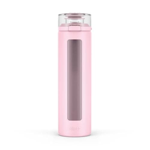Ello Syndicate 20oz Reusable Glass Water Bottle with One-Touch Leak Proof Flip Lid, Protective Non-Slip Silicone Sleeve, Carry Loop for Coffee, Tea and Water, BPA-free, Dishwasher Safe, Cashmere Pink