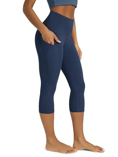 ODODOS Women's High Waisted Yoga Capris with Pockets,Tummy Control Non See Through Workout Sports Running Capri Leggings, Navy,Medium