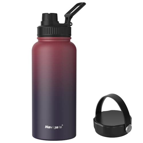 Navigate 32 oz Insulated Stainless Steel Sports Water Bottle with Spout & Handle Lids,Wide Mouth Water Jug with Double Walled Leak Proof Keep Cold for 24 Hrs Hot for 12 Hrs, Red to Black