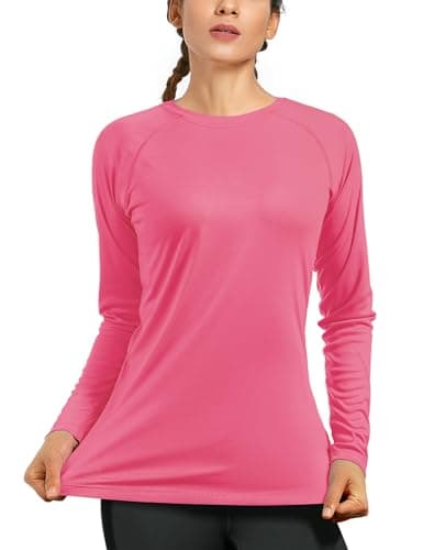 isnowood Swim Shirts for Women, UPF 50+ UV Sun Protection Long Sleeve Shirt, Lightweight Quick Dry Workout Hiking Running Rash Guard Top Bright Pink