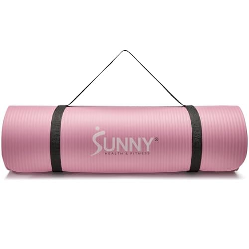 Sunny Health & Fitness Premium 1/2-Inch Extra Thick Exercise Yoga Mat Non-Slip High Density Pilates and Floor Workout Elastic Strap Portable with Carrying Strap - Pink - 74 x 24 Inches - SF-EM03-PK
