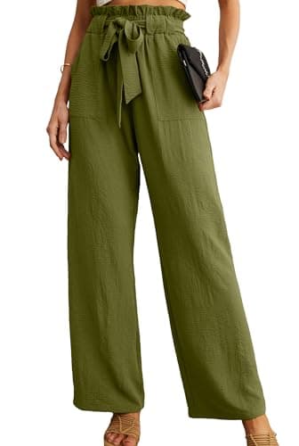 IWOLLENCE Women's Wide Leg Pants with Pockets High Waist Adjustable Knot Loose Casual Trousers Business Work Casual Pants Army Green Medium