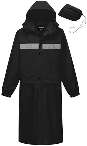 CREATMO US Raincoat for Men Lightweight Rain Jacket Emergency Poncho Spring Packable Waterproof Long Adults Rainwear Reflective with Hood Black XL