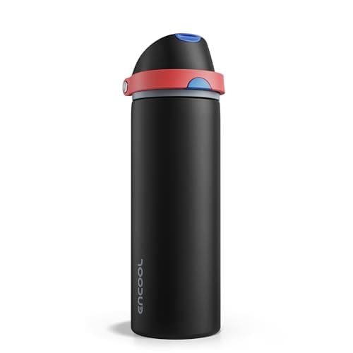 Insulated Water Bottle with Straw - Encool Stainless Steel Water Bottle with Push Button Lid, Leak-Proof & BPA-Free, Keeps Cold for 24 Hours for Sports, Travel, Gym (24 oz, Oil Black)