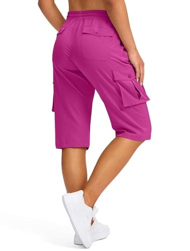 Viodia 15" Long Shorts for Women Hiking Cargo Bermuda Shorts Lightweight Quick Dry Knee Length Capris for Summer Travel Fishing Rose
