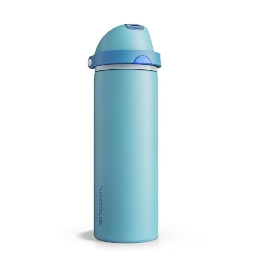 Insulated Water Bottle with Straw - Encool Stainless Steel Water Bottle with Push Button Lid, Leak-Proof & BPA-Free, Keeps Cold for 24 Hours for Sports, Travel, Gym (24 oz, Silk Blue)