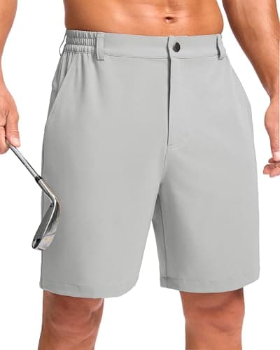Pudolla Men's Casual Shorts 7" Lightweight Golf Shorts with 3 Pockets Stretch Quick Dry Comfy Work Shorts（Bright_Gray L