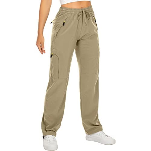 Womens Hiking Pants Sun Protection Quick Dry UPF 50 Lightweight Travel Golf Cargo Safari Pants Zipper Pockets,6608,Khaki,L