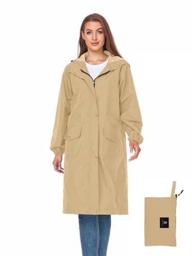 Womens Long Hooded Rain Jacket Waterproof Lightweight Raincoat Windbreaker Camel XX-Large