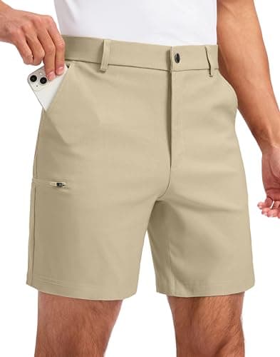 Pudolla Men's Casual Shorts 7/9 Inch Golf Shorts Stretch Dress Work Shorts for Men with 4 Pockets Quick Dry Lightweight(Light Khaki 36)