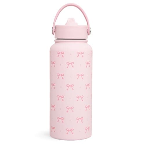 Pink Bow Water Bottle Stainless Steel Insulated Vacuum 32oz with Lid, Gifts for Women Girls Teens Birthday Christmas