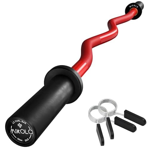 Mikolo EZ Curl Bar, 2 Inch Olympic Curl Bar for Biceps and Triceps, 47” Curling Bar with Knurled Grip, 700LB Barbell Bar with Multi-Angle Wrist-Friendly Design, Red