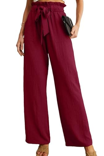 IWOLLENCE Women's Wide Leg Pants with Pockets High Waist Adjustable Knot Loose Casual Trousers Business Work Casual Pants Wine Red XX-Large