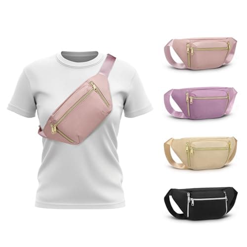 Convgo Crossbody Fanny Pack with 5-Zipper Pockets, Waterproof Nylon Anti Theft Waist Bag for Women Men, for Sports Workout Traveling Running Casual, Pink