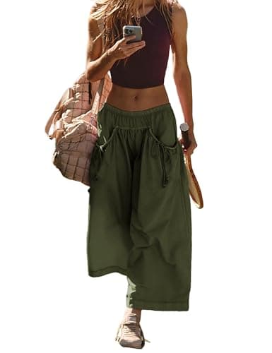 Hooever Women's Loose Wide Leg Track Pants Drawstring Pockets Elastic Waist Capri Hiking Pants(DarkGreen-XL)