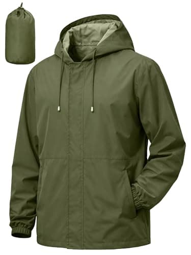 UIQUR Men's Rain Jacket Waterproof Windbreaker Raincoat Cycling Running Hiking Golf Travel Gear Hood Lightweight Packable Army Green 3XL