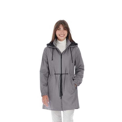 Nine West Women’s Hooded Rain Coat | 34 Inch Mid-Length, Adjustable Waist | Light Grey (Large)