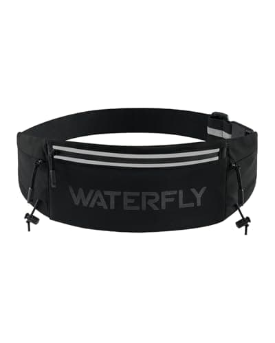 WATERFLY Running Belt Fanny Pack: Breathable 3 Pocket Waist Bag for Men Women Workout Exercise Fitness Phone Holder Fits All Phones - Runner Marathon Jogging Race Belt with Bib Clip Black