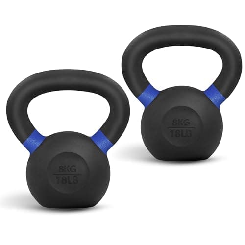 Yes4All Powder Coated Kettlebell, 18 lb Cast Iron Core Kettlebells with Non-Slip Handle & Flat Bottom for Conditioning, Heavy Duty for Strength Training - Pair, Dark Blue