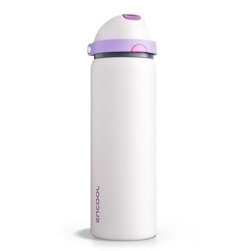 Insulated Water Bottle with Straw - Encool Stainless Steel Water Bottle with Push Button Lid, Leak-Proof & BPA-Free, Keeps Cold for 24 Hours for Sports, Travel, Gym (32 oz, Oyster Pink)